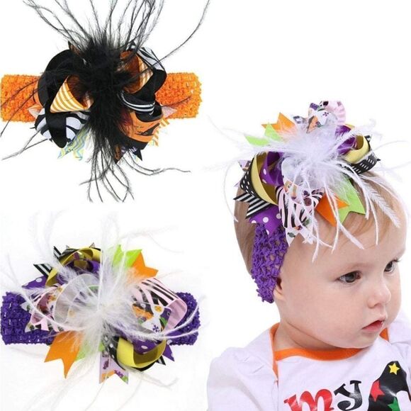 2 Pack Baby Halloween Headband, Elastic Feather Bowknot Hair Band Fits for Baby - Picture 1 of 7